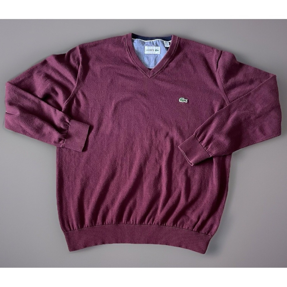 Lacoste Long Sleeve V Neck Sweater Purple Maroon Stitched Crocodile Logo XL JBHS